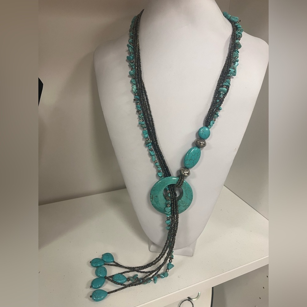 48” Adjustable Turquoise and Silver beaded double strand necklace - Versatile!
